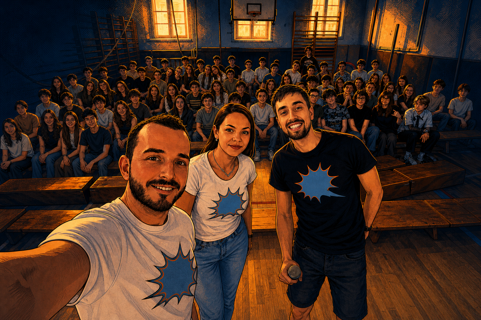Herci projektu s účastníkmi predstavenia v komiksovom spracovaní